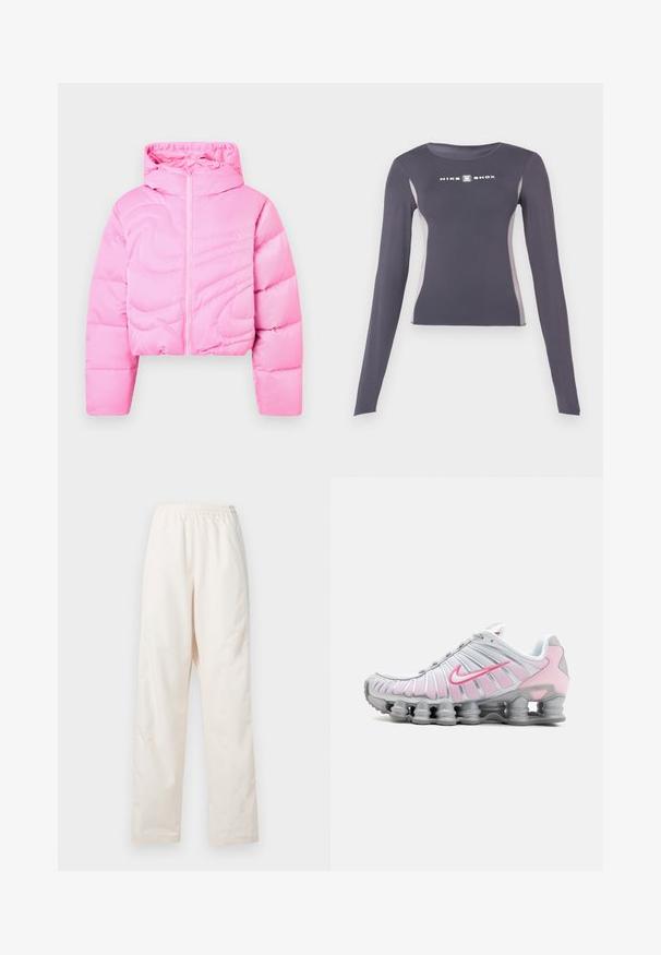 Kurz geschnittene pinke Steppjacke mit Kapuze, mit durchgehendem Reißverschluss, gesteppter Optik und glatter Textur.; Dunkelgraues, langärmliges, eng anliegendes Sportoberteil mit hellgrauen Seitenpaneelen und weißem "Nike Shox"-Logo auf der Brust.; Locker sitzende, crèmefarbene Hose mit elastischem Bund und geradem Beinschnitt, vor einem einfarbigen weißen Hintergrund präsentiert.; Nike Sportschuh in Weiß und Hellrosa. Mit einem Obermaterial aus Mesh und einer markanten, gewölbten Sohle mit sichtbarer Luftpolsterung.