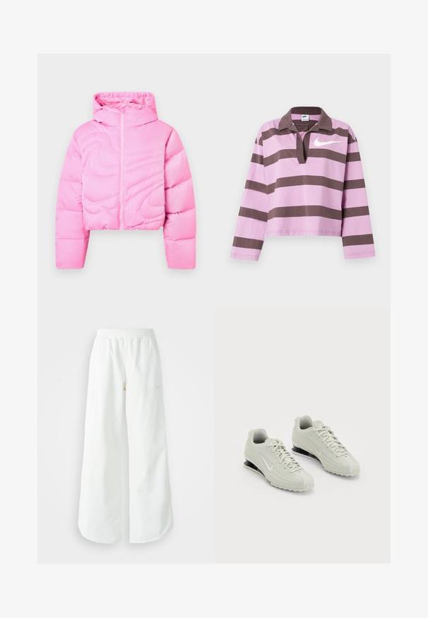 Crop-stil lyserød dunjakke med hætte, med lynlås foran, quiltet design og glat tekstur.; Langærmet rugbytrøje med lavendel- og mørkebrun vandrette striber, åben krave og hvidt Nike-logo på brystet.; Hvide athletic bukser med vidde, ribbet talje og subtile logo detaljer. Glat stof med en afslappet pasform og tapered hals.; Hvide Nike sneakers med en tekstureret overdel, der har en glat tæer og sorte polstringselementer. Snørebåndsstil med forstærket hæl.