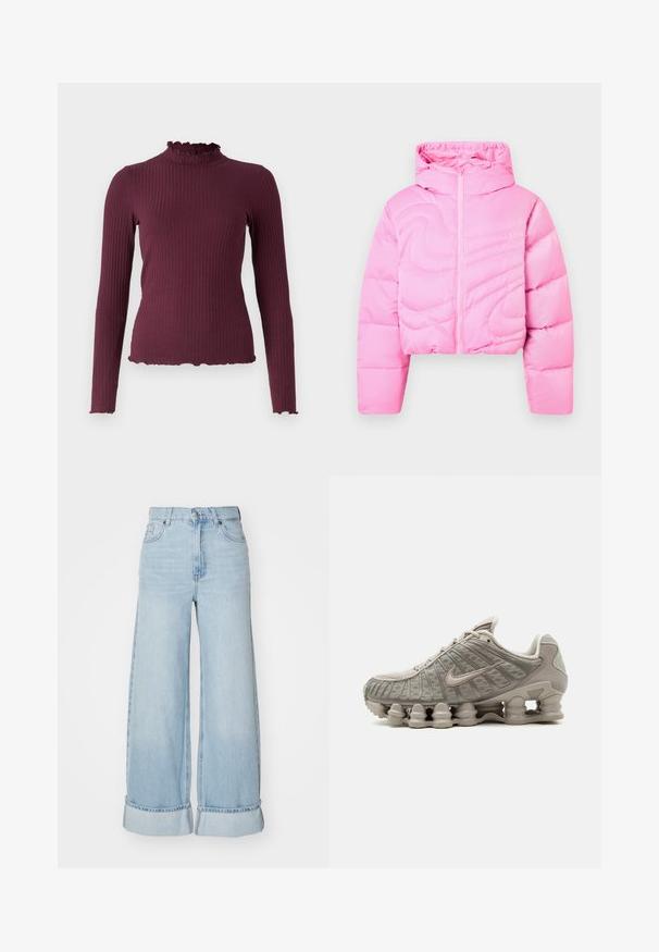 Crop-stil lyserød dunjakke med hætte, med lynlås foran, quiltet design og glat tekstur.; Ribstrikket, langærmet, mørkelilla sweater med falsk flæsekrave og matchende flæsekanter på ærmer og kant.; Lysblå brede jeans med høj talje, opsmøgede ben og klassisk denimtekstur. Har frontlommer og lynlås lukning.; Lysebeige Nike Shox sneaker med synligt søjleformet støddæmpende sål og mesh-detaljer på overdelen.