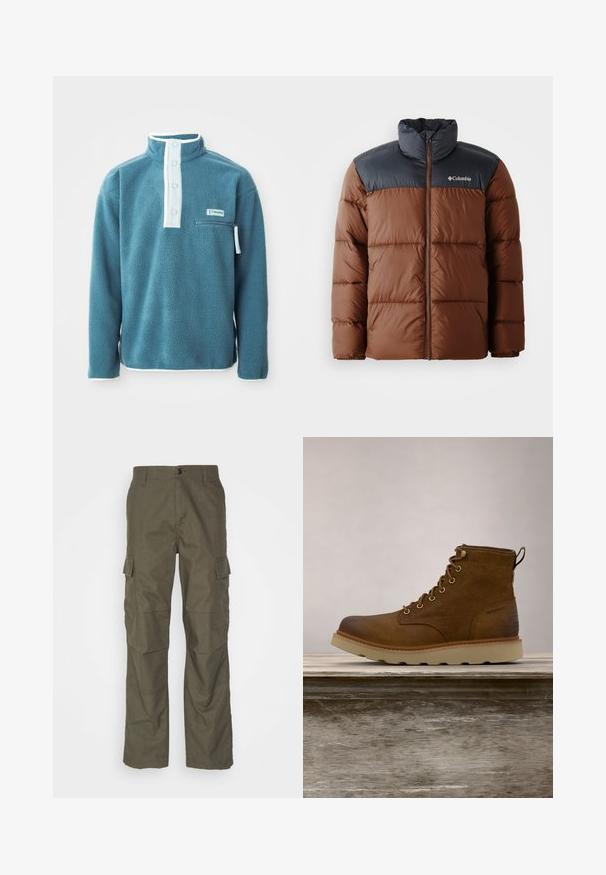 Brun og mørkegrå polstret jakke med høj krave, lynlåslukning foran og logo på brystet; har quiltede sektioner til isolering.; Teal fleece pullover med høj krave, front med fire knapper og en lynlåslomme på brystet. Har hvid kant langs kraven og ærmerne.; Olivenfarvede cargo bukser med lige snit, lavet af tekstureret stof. Har store sidelommer og knaplukning.; Brune vandtætte ankelstøvler lavet af tekstureret læder, med gyldne øjer, en rund tå og en let, tekstureret gummisål.