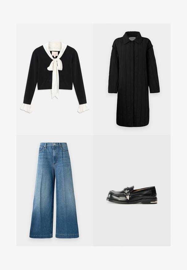 CLOSED QUILTED COAT - Vinterfrakke - black; Sort langærmet cropped sweater med vedhæftet hvid krave, front sløjfe og hvide flæseærmer.; Højtaljede, vide blå denim jeans med frontknap, lynlås lukning og subtile falmede vaske detaljer på benene.; Sorte læder loafers med rund tå, dekorative spænde detaljer og detaljeret syning langs sålen. Flad hældesign.