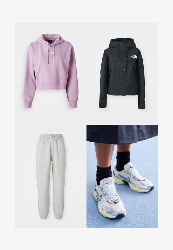 Sort vandtæt jakke med aftagelig hætte, trykknaplukning og logo på brystet. Har sidelommer og en cropped design.; Kort hoodie i lyse lilla, lavet af blødt stof. Har en frontlomme og justerbare snore, med hvidt logo på brystet.; Grå sweatpants med elastisk talje og snøre. Stoffet er blødt, og de har elastiske manchetter ved anklerne samt et logoaccent.; Hvide og sølv Nike sneakers med mesh-stof, reflekterende detaljer og en beige sål. Bæres med sorte sokker og står på en blå overflade.