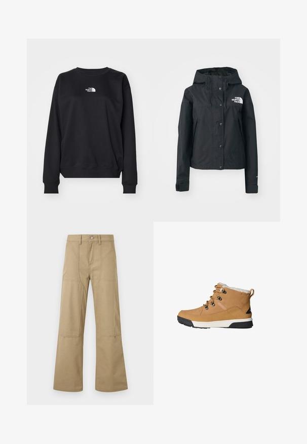 Zwarte waterdichte jas met een afneembare capuchon, drukknoopsluiting en logo op de borst. Bevat zijzakken en heeft een cropped ontwerp.; Zwarte sweatshirt gemaakt van een katoenmengsel, met een ronde halslijn, lange mouwen, ribgebreide manchetten en een klein wit logo op de borst.; Beige highwaist broek met wijde pijpen, voorzakken met klep, lussen voor een riem en knoopsluiting. Eenvoudige, duurzame stof met zichtbare stiksels.; Tan enkellaarsjes met een gestructureerde leren bovenkant, fleece voering, ronde veters en een rubbere buitenzool met een zwart-wit ontwerp.