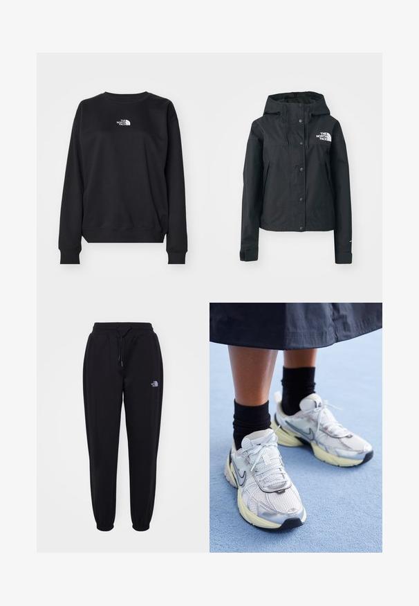 Zwarte waterdichte jas met een afneembare capuchon, drukknoopsluiting en logo op de borst. Bevat zijzakken en heeft een cropped ontwerp.; Zwarte sweatshirt gemaakt van een katoenmengsel, met een ronde halslijn, lange mouwen, ribgebreide manchetten en een klein wit logo op de borst.; Zwarte joggingsbroek met elastische tailleband en boorden, trekkoord, zijzakken en een klein wit The North Face-logo op de rechterdij.; Witte en zilveren Nike sneakers van meshstof, met reflecterende accenten en een beige zool. Gedragen met zwarte sokken, staand op een blauwe ondergrond.
