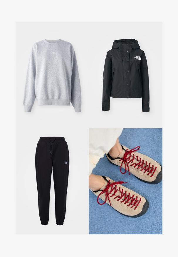 Zwarte waterdichte jas met een afneembare capuchon, drukknoopsluiting en logo op de borst. Bevat zijzakken en heeft een cropped ontwerp.; Grijze sweatshirt met lange mouwen, ronde halslijn, ribgebreide boorden en zoom. Bevat een klein wit logo op de borst. Gemaakt van een katoenmix.; Zwarte joggingsbroek met elastische tailleband en boorden, trekkoord, zijzakken en een klein wit The North Face-logo op de rechterdij.; Beige schoenen met rode veters, geplaatst op een blauwe, gestructureerde ondergrond, onthullen gedeeltelijk de enkel van een persoon. De schoenen hebben een sportief ontwerp.