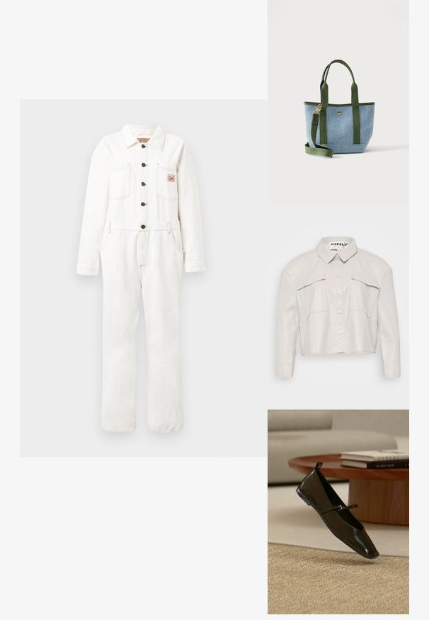 Gekürzte, sandfarbene Kunstlederjacke mit Kragen, Knopfleiste und zwei Brusttaschen. Glatte Textur und minimalistisches Design.; Weißer Denim-Overall mit langen Ärmeln, durchgehender Knopfleiste, zwei Brusttaschen und taillierter Passform. Sichtbare Nähte und ein Patch-Logo-Detail.; Schwarzer Mary Jane Ballerina aus Leder schwebt über einem beigen gewebten Teppich mit einem runden Holztisch und gestapelten Büchern im Hintergrund.; Hellblauer Stoff-Shopper mit dunkelgrünen Griffen und abnehmbarem Schulterriemen, goldfarbener Schnalle und kleiner Vordertasche.