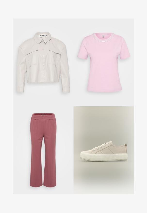 Gekürzte, sandfarbene Kunstlederjacke mit Kragen, Knopfleiste und zwei Brusttaschen. Glatte Textur und minimalistisches Design.; Rosa T-Shirt mit kurzen Ärmeln und rundem Halsausschnitt, verziert mit dekorativen Perlen und Pailletten am Kragen. Weicher Baumwollmix.; Taillierte, leichte Hose in einem staubigen Rosaton. Mit elastischem Bund und weiten, geraden Beinen. Weicher Stoff ohne sichtbare Muster.; Beiger Canvas-Sneaker mit niedrigem Schaft, weißer dicker Gummisohle und Schnürsenkeln, seitlich auf neutralem Hintergrund abgebildet.