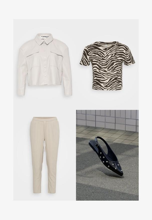 Skåret lys beige kunstlæderjakke med krave, knaplukning foran og to brystlommer. Glat tekstur og minimalistisk design.; Zebra-striped t-shirt i beige og mørkebrun. Korte ærmer, rund halsudskæring, lavet af let stof med en løs pasform.; Vero Moda Petite VMJESMILO ANKLE PANTS - Bukser - silver lining; Sort spids slingback-sko med sølvnitter, der svæver over asfalt tæt på flisebelagt væg.