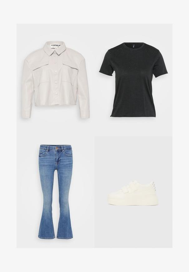 Veste en simili cuir beige clair, cintrée, avec col, fermeture à boutons et deux poches poitrine. Texture lisse et design minimaliste.; T-shirt noir à manches courtes avec col rond, présentant des embellissements subtils en strass en forme de cœur sur le devant. Tissu doux et décontracté.; Jean en denim bleu évasé avec une taille mi-haute, un design à cinq poches et une couture classique. Doux au toucher avec une finition légèrement délavée.; Baskets à plateforme blanches avec double fermeture Velcro et clous argentés sur le talon, vues de côté sur un fond uni.