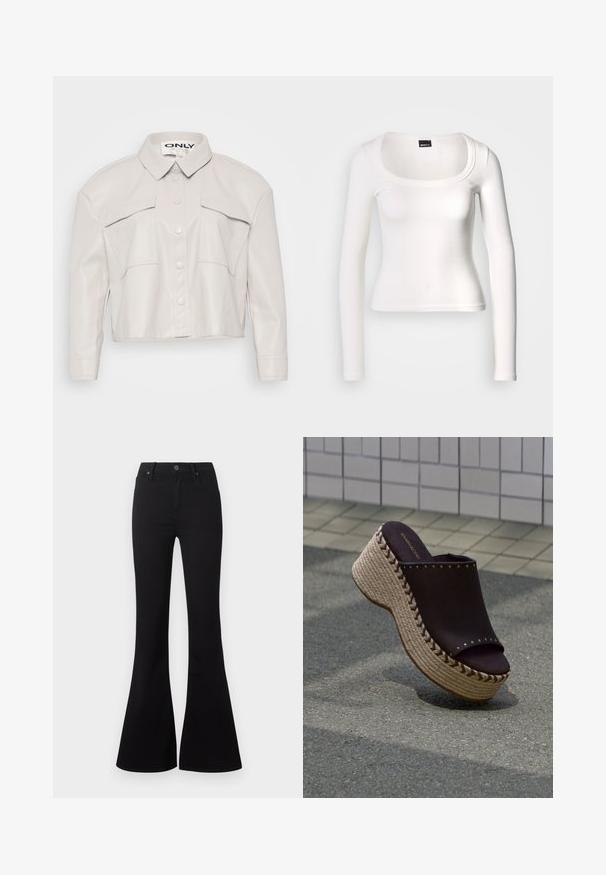 Skåret lys beige kunstlæderjakke med krave, knaplukning foran og to brystlommer. Glat tekstur og minimalistisk design.; Hvid langærmet top med rund halsudskæring. Fremstillet af ribstrikket stof, har den en tætsiddende pasform og en glat tekstur med en sømløs finish.; Sorte jeans med højt liv og vidde ben, med forreste knap og lommer, vist på hvid baggrund.; Sort slip-on platformsandal med flettet rebssål og metalnitter på flisebelagt gulv.