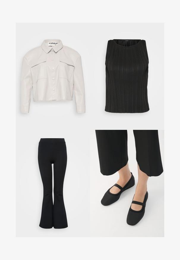Lühikeses heledas beežis kunstnahast jakk, millel on krae, nööbid ja kaks rinna taskut. Sile tekstuur ja minimalistlik disain.; Must mustriga musta top, vertikaalse ribakujundusega, ümmarguse kaelusega ja vormitud lõikega. Kanga pind tundub sile ja vähese läikega.; Mustad flared retuusid, mis on valmistatud venivast materjalist. Omab kõrget vöökohta ja siledat tekstuuri. Lõpeb flared hemiga.; Sile mustad kingad siledast materjalist, ümmarguse ninaga ja kontrastse rihmaga üle säärt. Lame tald, minimalistik disain.