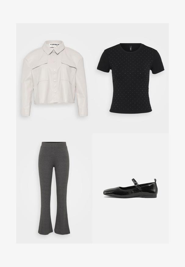 Korte licht beige faux leren jack met een kraag, knoopsluiting en twee borstzakken. Gladde textuur en minimalistisch design.; Zwarte kortek mouw t-shirt van ribbelstof, met verspreide rhinestone accenten over de voorkant voor extra detail.; Grijze geribbelde gebreide flared broek met een hoge tailleband. Het ontwerp heeft gestructureerde verticale strepen en een comfortabele pasvorm aan de onderkant.; Zwarte patenten leren ballerina met een spitse neus, een enkelbandje met een gesp en een gladde, glanzende textuur. Lage hak voor comfort.