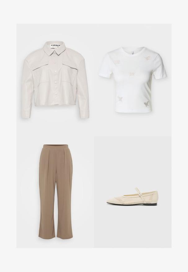 Skåret lys beige kunstlæderjakke med krave, knaplukning foran og to brystlommer. Glat tekstur og minimalistisk design.; Hvid kortærmet cropped t-shirt med fem små rhinsten sommerfugledekorationer på fronten.; Brune, vide bukser lavet af blødt stof med frontfolder og elastisk talje for komfort. Rent, minimalistisk design.; Beige balletflader med spids tå, mesh design overlay og en side spænde. Flad sål med en glat tekstur.