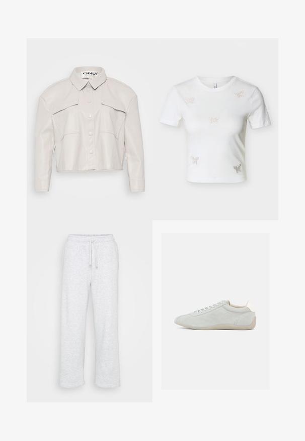 Chaqueta de imitación cuero beige claro, recortada, con cuello, cierre de botones en la parte delantera y dos bolsillos en el pecho. Textura suave y diseño minimalista.; Camiseta blanca corta de manga corta con cinco pequeños adornos de mariposas de pedrería en el frente.; Pantalones de chándal de algodón gris claro con cintura elástica y cordón, corte de pierna recta, sin logotipos ni patrones visibles.; Zapatilla de ante gris claro con diseño de perfil bajo, cierre de cordones y suela de goma beige suave. Detalles sutiles de costuras que añaden textura.
