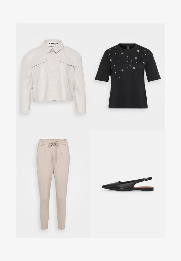 Skåret lys beige kunstlæderjakke med krave, knaplukning foran og to brystlommer. Glat tekstur og minimalistisk design.; Sort kortærmet t-shirt lavet af bomuld, med cirkulære sølvdekorationer arrangeret i et spredt mønster på forsiden.; Beige bukser lavet af blødt stof, med snøring i taljen, frontplisseringer og tætsiddende ben. Glat tekstur uden synlige mønstre.; Sorte læder slingback sko med spidse tæer, subtil glans og justerbar ankelrem. Flad hæl med en brun indersål.