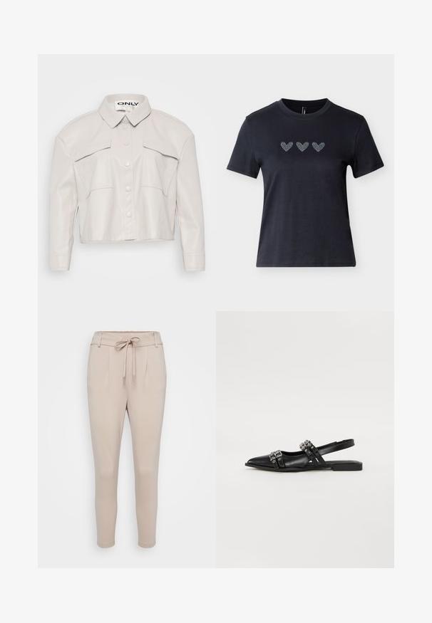 Skåret lys beige kunstlæderjakke med krave, knaplukning foran og to brystlommer. Glat tekstur og minimalistisk design.; Sort kortærmet t-shirt i bomuld med tre hjerter dekoreret med rhinsten i en række tværs over brystet, der viser en glat tekstur.; Beige bukser lavet af blødt stof, med snøring i taljen, frontplisseringer og tætsiddende ben. Glat tekstur uden synlige mønstre.; Even&Odd by Zalando Slingback-ballerinasko - black