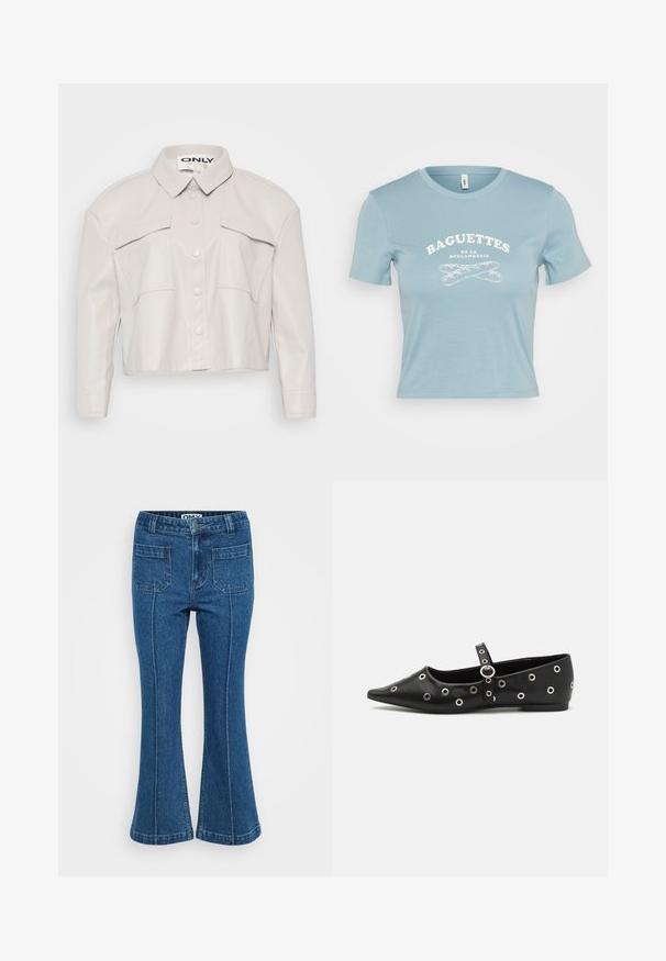 Veste en simili cuir beige clair, cintrée, avec col, fermeture à boutons et deux poches poitrine. Texture lisse et design minimaliste.; T-shirt bleu clair à manches courtes en coton, arborant un texte graphique blanc "BAGUETTES DE LA BOULANGERIE" et un design de baguette croisée.; Jean en denim bleu taille haute avec poches à rabat à l'avant, coutures sur les jambes et une légère évasement aux chevilles.; Chaussure plate en cuir noir avec un orteil pointu, ornée d'œillets en argent décoratifs et d'une sangle ajustable autour de la cheville.