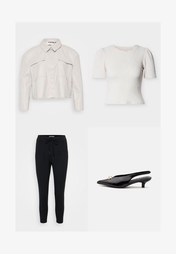 Skåret lys beige kunstlæderjakke med krave, knaplukning foran og to brystlommer. Glat tekstur og minimalistisk design.; Kremfarvet, ribstrikket kortærmet top med rund halsudskæring, let pufærmer og bølget kant. Materialet virker tekstureret og let.; Sorte tapered bukser lavet af strækstof, med en snøre i taljen, to frontfolder og en glat tekstur.; Sort laklæderslingback med lille hæl, spids tå og en lille rund guldbesætning på toppen.