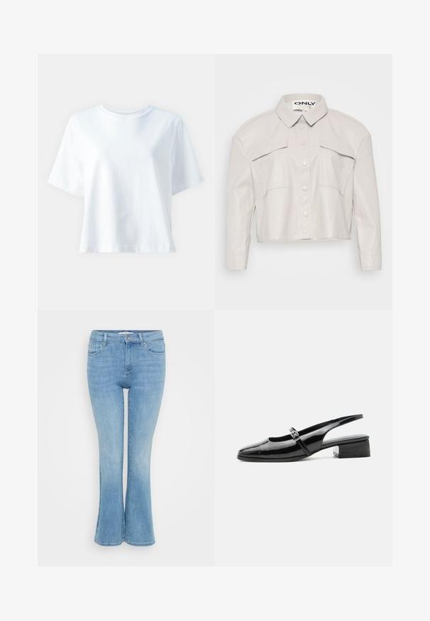 Veste en simili cuir beige clair, cintrée, avec col, fermeture à boutons et deux poches poitrine. Texture lisse et design minimaliste.; T-shirt en coton blanc avec un col rond, des manches courtes, une coupe décontractée et une texture lisse. Aucune motif ni accent visible.; ONLY Petite ONLANN MID - Jean flare - light blue denim; Chaussure slingback en cuir verni noir avec un petit talon bloc et une fine bride avec une boucle argentée sur le dessus.