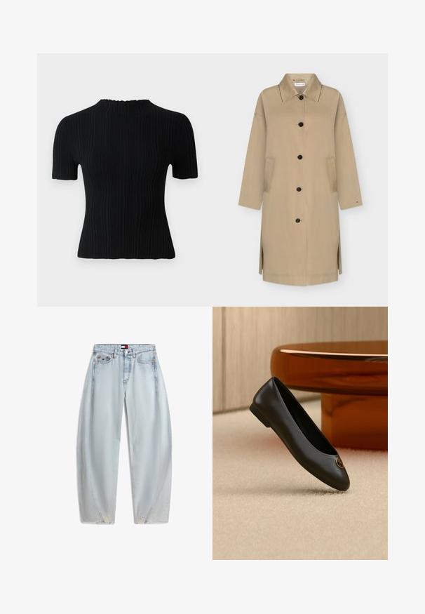 Beige pitkä trenssitakki mustilla napeilla, terävä kaulus, sivuhalkiot ja kaksi etutaskua, esitetty yksivärisellä taustalla.; Musta ribbine lyhythihainen paita, jossa on korkea kaulus. Materiaalina on teksturoitu kangas ja muotoilu on tiukka, mikä tarjoaa rentoja ja monipuolisia muoti vaihtoehtoja.; Vaaleansiniset korkeavyötäröiset farkut leveillä lahkeilla, etutaskuilla, pienillä repeämillä lahkeiden helmoissa ja Tommy Hilfiger -logo vyötäröllä ja taskussa.; Musta nahkainen ballerinatossu pyöreällä kärjellä ja kullanvärisellä logokuvalla kärjen lähellä, esillä beigen maton ja ruskeiden huonekalujen taustalla.