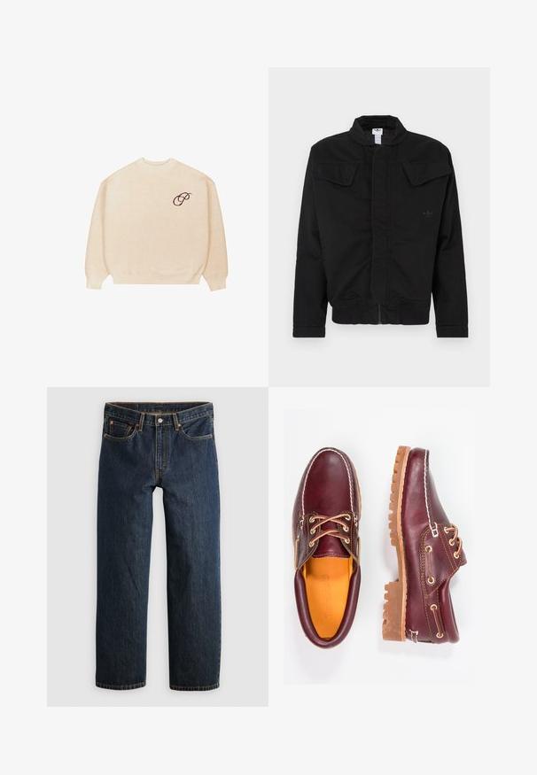 Veste noire en tissu durable, dotée d'un col haut, de deux poches à rabat sur le devant, de poignets côtelés et d'un logo de la marque discret sur la poitrine.; Pull en beige à col rond avec des manches longues et des bords côtelés, arborant un petit script brodé en noir "P" sur la poitrine gauche.; Jean en denim bleu foncé avec une coupe droite. Comprend cinq poches, des surpiqûres contrastantes et une fermeture à bouton à la taille.; Chaussures en cuir bourgogne avec semelles en caoutchouc marron, bout rond, couture blanche et œillets dorés. L'intérieur présente une doublure jaune.