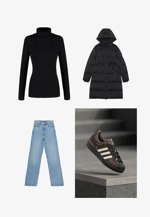 Manteau noir en duvet avec capuche, présentant une taille cintrée, des poches zippées et un rembourrage matelassé. Tissu lisse et brillant avec une finition mate.; Haut à col roulé noir à manches longues, fabriqué en tissu doux et extensible, avec une coupe ajustée et un col haut. Pas de motifs ni d'ornements.; Jean en denim bleu clair avec une taille haute, coupe droite, comprenant cinq poches et une fermeture à boutons. Aucun motif visible.; Baskets en cuir marron avec semelle en caoutchouc noire, motif de trois bandes blanches, bout texturé et lacets noirs, sur fond gris.