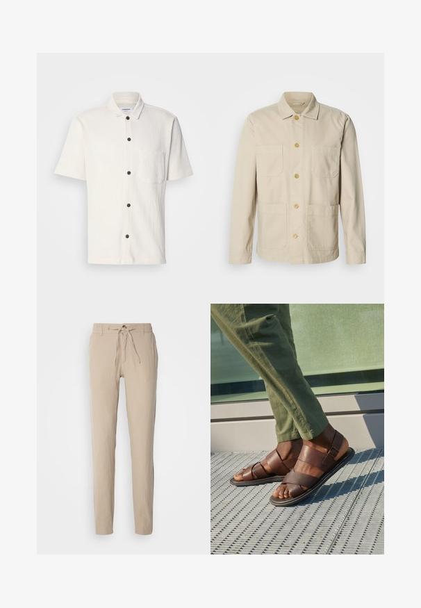 Chaqueta de algodón beige con cierre de botones, dos bolsillos en el pecho y dos bolsillos laterales. Cuenta con un cuello clásico y mangas largas.; Camisa blanca de manga corta con un diseño texturizado, botones frontales en marrón oscuro y un único bolsillo en el pecho.; Pantalones de lino beige con corte recto, cinturilla elástica con cordón y dos bolsillos laterales. Textura suave y diseño minimalista.; Sandalias de cuero marrón con un diseño de tiras, que presentan un detalle de hebilla, llevadas con pantalones verdes sobre una superficie texturizada.