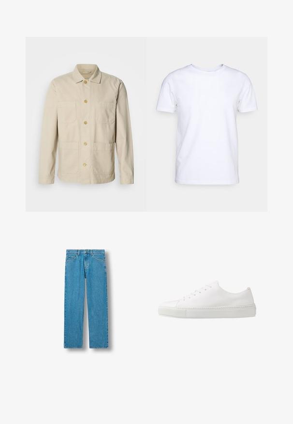 Beige bomuldsjakke med knapper foran, to brystlommer og to sidelommer. Har klassisk krave og lange ærmer.; Hvid kortærmet t-shirt i bomuldsstof med rund halsudskæring. Enkel design uden mønstre eller detaljer. Glat tekstur.; Blå denimjeans med lige ben, forside med knap- og lynlås-lukning, bæltestropper samt for- og baglommer.; Hvide lædersneakers med en glat finish, rund tå og seks øjer til snørebånd. Har en tekstureret gummisål og et minimalisk design.
