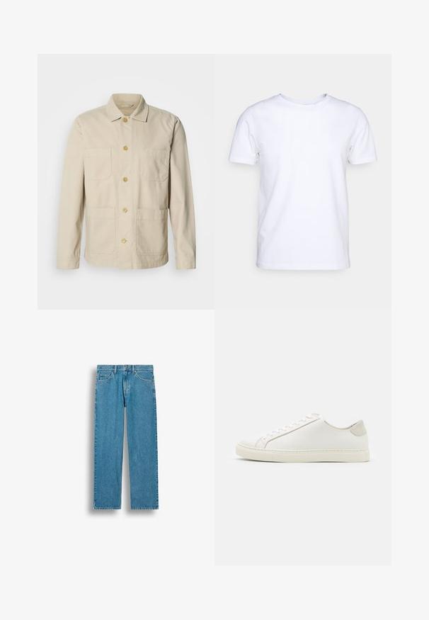 Beige katoenen jas met een knoopsluiting aan de voorkant, twee borstzakken en twee zijzakken. Voorzien van een klassieke kraag en lange mouwen.; Witte katoenen t-shirt met korte mouwen en een ronde hals. Eenvoudig ontwerp zonder patronen of accenten. Glad textuur.; Blauwe rechtvallende denim jeans met voorzakken, riemlussen en een knoopsluiting, afgebeeld tegen een witte achtergrond.; Witte leren sneaker met een gladde oppervlakte, ronde neus en minimalistisch ontwerp. Heeft beige accenten op de hiel en een rubberen zool.