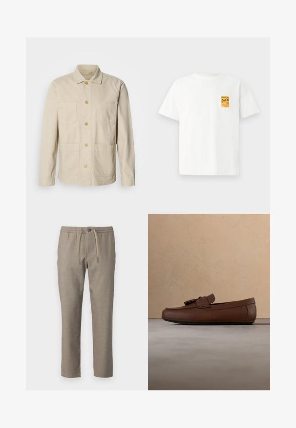 Beige Baumwolljacke mit geknöpfter Vorderseite, zwei Brusttaschen und zwei Seitentaschen. Verfügt über einen klassischen Kragen und lange Ärmel.; Weißes Baumwoll-T-Shirt mit kurzen Ärmeln, das ein gelb-schwarzes grafisches Design auf der oberen linken Seite aufweist.; Beige Hose mit elastischem Bund, Kordelzug und geradem Bein. Das Material hat eine dezente Textur.; Brauner Lederloafer mit Quasten, liegend auf einem beigen, strukturierten Teppich vor einem hellbraunen Sofa.