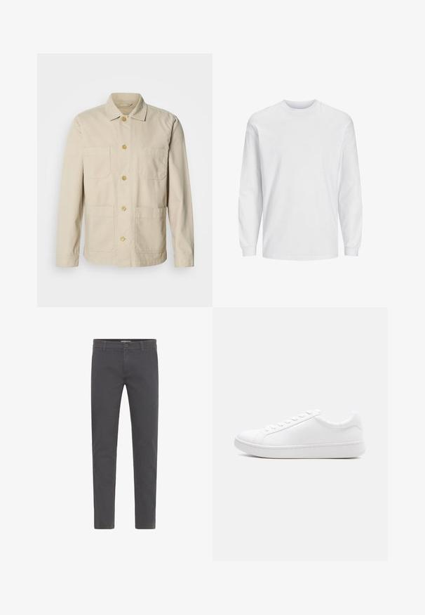 Chaqueta de algodón beige con cierre de botones, dos bolsillos en el pecho y dos bolsillos laterales. Cuenta con un cuello clásico y mangas largas.; Camiseta blanca de manga larga hecha de algodón. Presenta un cuello redondo y un diseño liso sin patrones ni adornos. Textura suave y lisa.; Pantalones grises de corte ajustado, elaborados en suave algodón. Presentan un cierre con botón, presillas para cinturón y un diseño limpio y aerodinámico. Sin patrones visibles.; Zapatilla blanca de cuero liso con cierre de cordones, diseño bajo y suela gruesa de caucho, vista lateral sobre un fondo liso.