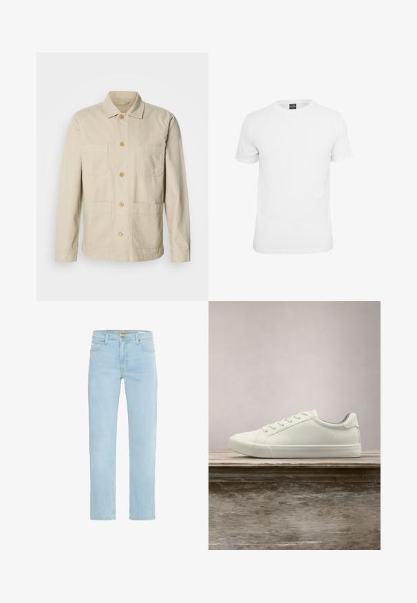 Beige katoenen jas met een knoopsluiting aan de voorkant, twee borstzakken en twee zijzakken. Voorzien van een klassieke kraag en lange mouwen.; Witte t-shirt met korte mouwen, gemaakt van katoen, voorzien van een ronde hals en een soepele textuur, ontworpen voor casual gebruik.; Lichtblauwe denim jeans met een rechte pasvorm, traditioneel vijf-pocketontwerp, en een messing knoop en ritsluiting aan de voorkant.; Witte vetersneaker die boven een houten bank zweeft met groene bladeren op de achtergrond, waarbij het ontwerp en de textuur van de schoen worden getoond.