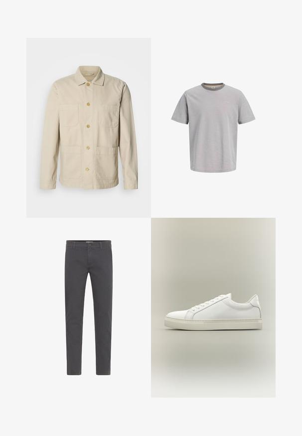 Chaqueta de algodón beige con cierre de botones, dos bolsillos en el pecho y dos bolsillos laterales. Cuenta con un cuello clásico y mangas largas.; Camiseta gris de manga corta con cuello redondo, que presenta un cuello en un gris más oscuro a contraste y un pequeño logo en la parte delantera. Textura suave.; Pantalones grises de corte ajustado, elaborados en suave algodón. Presentan un cierre con botón, presillas para cinturón y un diseño limpio y aerodinámico. Sin patrones visibles.; Zapatilla blanca de perfil bajo con cordones en la parte delantera y suela gruesa, mostrada de lado sobre un fondo neutro.