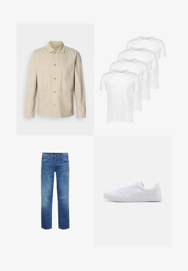 Beige Baumwolljacke mit geknöpfter Vorderseite, zwei Brusttaschen und zwei Seitentaschen. Verfügt über einen klassischen Kragen und lange Ärmel.; Weiße Baumwoll-T-Shirts, kurze Ärmel, runder Ausschnitt, glatte Textur, vier Stück gestapelt mit einheitlichem Design und ohne Muster oder Akzente.; Hellblaue Jeans aus Denim mit einem verwaschenen Finish, gerader Schnitt, Fünf-Taschen-Design und einem Reißverschluss. Mit brauner Naht und einem Logo-Patch.; Weiße Leinenschuhe mit Gummisohle, ausgestattet mit sechs Ösen, einer strukturierten Zehenkappe und minimalistischer Gestaltung.