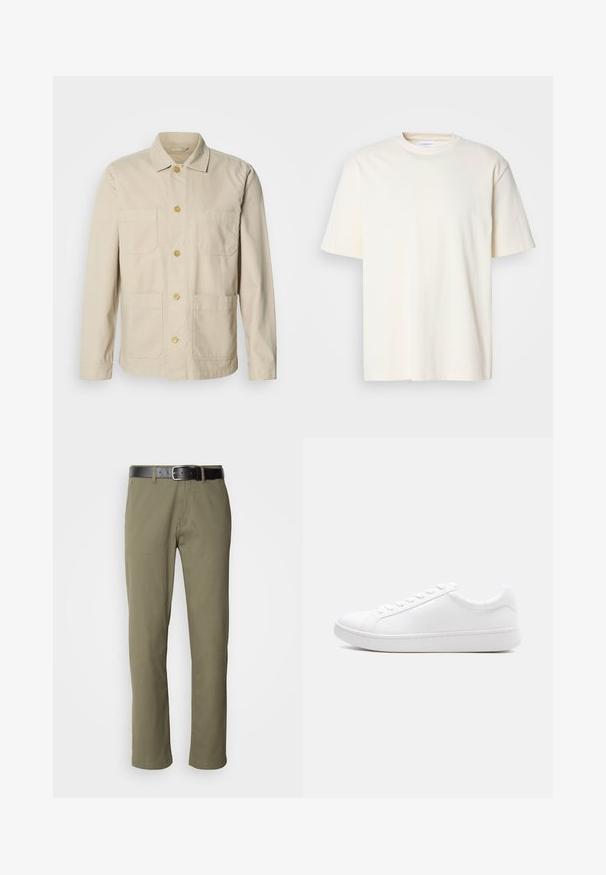 Beige katoenen jas met een knoopsluiting aan de voorkant, twee borstzakken en twee zijzakken. Voorzien van een klassieke kraag en lange mouwen.; Effen off-white T-shirt met korte mouwen en ronde hals, unisex ontwerp, weergegeven op een neutrale grijze achtergrond.; Olivengroene rechte broek van katoen, met een zwarte leren riem, zichtbare stiksels en zijzakken.; Witte lage sneaker met veterluiting, glad leren bovenwerk en dikke rubberen zool, zijaanzicht op een effen achtergrond.