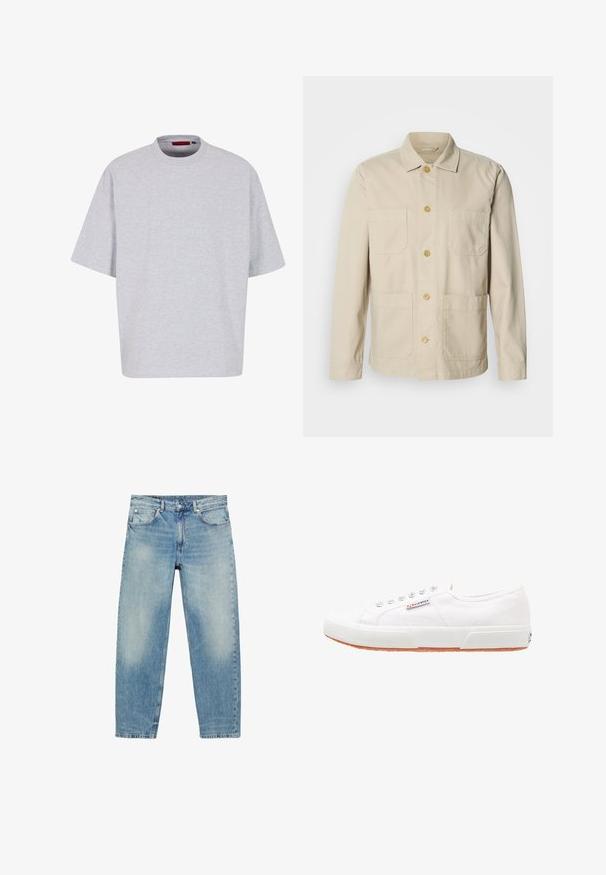 Beige bomuldsjakke med knapper foran, to brystlommer og to sidelommer. Har klassisk krave og lange ærmer.; Lys grå oversized t-shirt, korte ærmer, rund halsudskæring, lavet af blødt stof, har en lige kant uden mønstre eller dekorationer.; Blå straight-leg denim jeans med forlommer og bæltestropper, der viser let falmede detaljer på lår og knæ.; Hvide kanvas sneakers med gummisål, snørebåndsdesign og et lille logo mærke på siden. Tekstureret hvid overdel og brun ydersål.