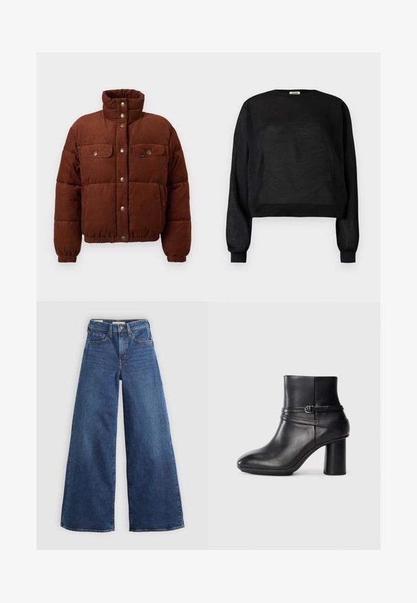 Braune Cord-Pufferjacke mit hohem Kragen, Druckknöpfen, zwei Brusttaschen und elastischen Bündchen für eine enge Passform.; Schwarzer transparenter Pullover mit langen Ärmeln, gerippten Bündchen und weitem Saum, Rundhalsausschnitt und dezent schimmerndem Stoffdetail.; Weite blaue Jeans aus Denim mit fünf Taschen, einem Knopfverschluss und Kontrastnähten, die eine weiche und strukturierte Oberfläche aufweisen.; Schwarze Lederstiefelette mit runder Zehenpartie und dicker Blockabsatz. Verfügt über einen dekorativen Riemen mit einer Schnallenakzent. Glatte Textur.