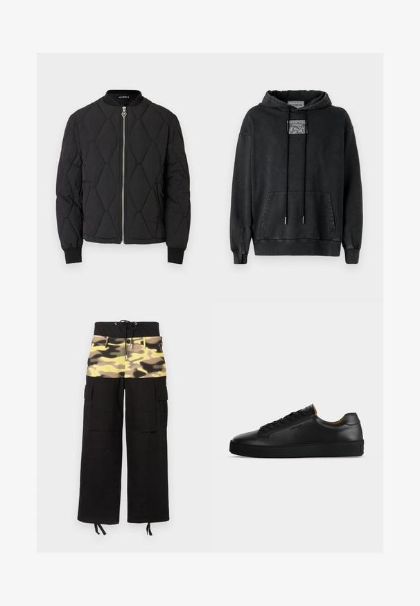 Schwarze gesteppte Bomberjacke mit rundem Ausschnitt, silbernem Reißverschluss und elastischen Bündchen. Verfügt über diamantförmige Muster auf der Oberfläche.; Iceberg Kapuzenpullover - nero; Cargo-Hosen aus schwarzem Stoff mit einem Camouflage-Oberteil in verschiedenen Schattierungen von Gelb, Grün und Braun; mit verstellbarem Bund.; Schwarzer flacher Ledersneaker mit schwarzen Schnürsenkeln, strukturierter Gummisohle und kleinem eingeprägtem Logo an der Seite, im Profil vor grauem Hintergrund gezeigt.