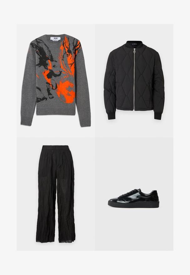 Sort quiltet bomberjakke med rund hals, sølv lynlås og elastiske manchetter. Har diamantformede mønstre på overfladen.; Grå strikket sweater med et kontrasterende orange og sort abstrakt design. Rund hals og ribbede manchetter og kant. Blød tekstur.; Sorte linned brede bukser med en struktureret overflade. Har en elastisk talje og diskrete folder.; Sorte laklæder sneakers med rund tå, snørredesign, tekstureret gummisål og en glat overflade.