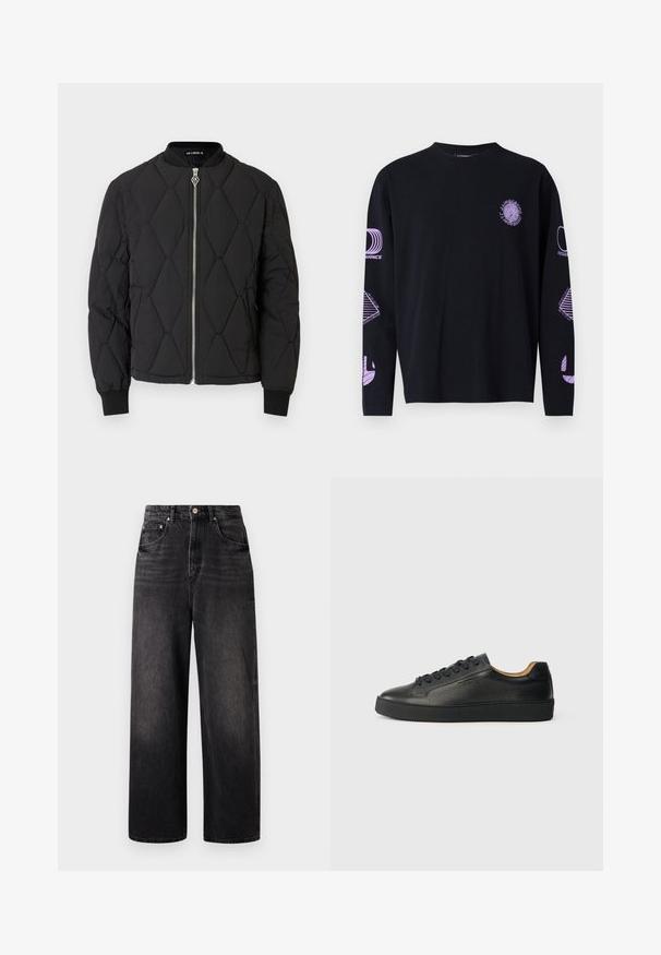 Schwarze gesteppte Bomberjacke mit rundem Ausschnitt, silbernem Reißverschluss und elastischen Bündchen. Verfügt über diamantförmige Muster auf der Oberfläche.; Schwarzes Langarm-T-Shirt mit lila Grafiken auf der Brust und den Ärmeln, aus einem Stoff mit einer glatten Textur. Rundhalsausschnitt-Design.; Schwarze Jeans aus Denim mit lockerer Passform, hoher Taille, fünf Taschen und sichtbarem Knopfverschluss. Sie verfügen über dezente Verblassung und ein gerades Bein-Design.; Schwarze, niedrig geschnittene Ledersneaker mit strukturierter Oberfläche, schwarzen Schnürsenkeln und dicker Gummisohle, seitlich auf einem hellen Hintergrund dargestellt.
