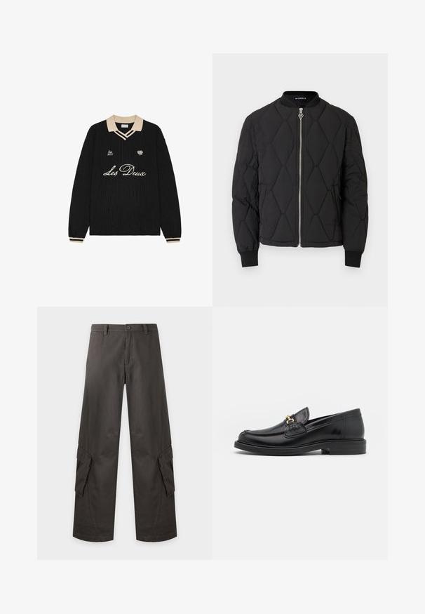 Veste bomber matelassée noire avec un col rond, une fermeture éclair argentée et des poignets élastiques. Présente des motifs en forme de losanges sur la surface.; Pull en maille noir avec col et poignets beige, avec le texte "Les Deux", une petite rose et "Est. 2011" brodés sur la poitrine.; Pantalon cargo gris foncé à jambes larges avec poches à rabat sur les cuisses, passants de ceinture, fermeture par bouton et braguette zippée.; Mocassins en cuir noir avec un embout rond, présentant des accents en métal doré et des détails de couture, montés sur une semelle en caoutchouc texturé et basse.