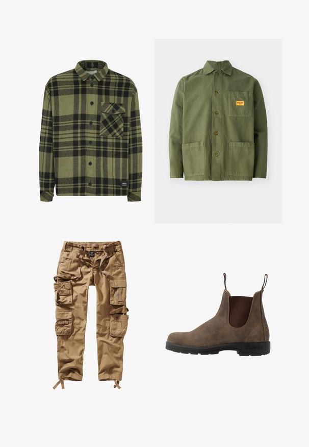 Grøn og sort ternet flannel skjorte med knap-ned krave, front knaplukning og en brystlomme. Stoffet har en blød, struktureret finish.; Oliven grøn jakke lavet af tung bomuld, med en spids krave, frontknapper og to store påsætningslommer. Inkluderer et lille logo patch.; Kaki cargo bukser lavet af bomuld, med flere lommer, justerbare manchetter og et taljebånd med snoretræk for en sikker pasform.; Brune læder chelsea-støvle med elastiske sidepanelen, trækflapper og en sort gummisål med et struktureret slidbane for bedre greb.