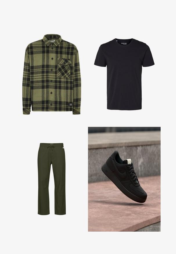 Camisa de franela a cuadros verde y negra con cuello tipo polo, tapeta de botones en el frente y un bolsillo en el pecho. La tela tiene un acabado suave y texturizado.; Camiseta negra lisa de manga corta con cuello redondo para hombre con una pequeña etiqueta de la marca en el interior del cuello.; Pantalones verde oliva con cintura de cordón, diseño de pierna recta, textura de tela suave y una etiqueta de logo sutil en el frente.; Zapatilla negra Nike Air Force 1 flotando sobre un borde de hormigón rosa con fondo de piedra gris, mostrando detalles laterales y superiores.