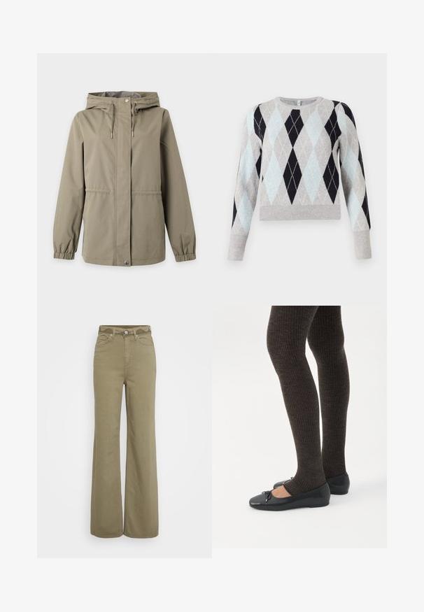 Beige hættetrøje med lynlås foran og trykknapslukning, justerbare snore i hætten og elastiske manchetter på lange ærmer.; Argyle-mønstret sweater i lyseblå, grå og marineblå. Blødt stof, rund hals, lange ærmer, med ribbestrikket kant og manchetter.; Højtaljede vide bukser i khaki med for- og baglommer, bæltestropper og en knap med lynlås lukning.; Ben iført mørke ribbede leggings kombineret med sorte balletsko med små sløjfedetaljer på hvid baggrund.
