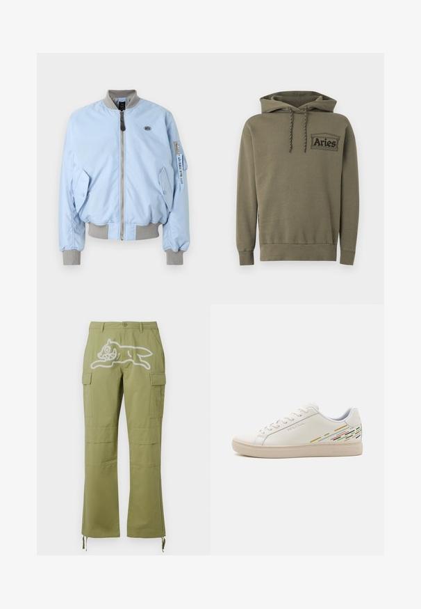 Chaqueta bomber azul claro con cuello, puños y dobladillo acanalados grises, cremallera frontal, bolsillos con solapa y bolsillo en la manga con cremallera, con etiqueta "Remove Before Flight".; Sudadera con capucha verde oliva con bolsillo delantero, capucha ajustable con cordón y texto negro "Aries" dentro de un gráfico de templo en el lado izquierdo del pecho.; Icecream RUNNING DOG PANTS - Pantalones cargo - green; Zapatillas de cuero blanco con una textura suave, que presentan patrones de líneas coloridas en el talón y una suela de goma beige.