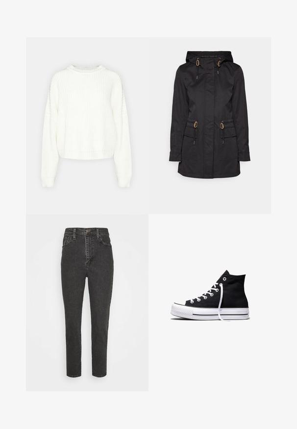 Veste imperméable noire avec capuche, accents de cordon de serrage, deux poches avant et coupe droite. Fabriquée dans un tissu lisse et texturé.; Pull en maille blanche avec un col rond, des manches longues et une coupe décontractée. Présente un motif texturé et un ourlet et des poignets côtelés.; Jeans en denim noir taille haute avec une coupe slim, dotés d'une fermeture à bouton, de passants de ceinture et d'un design classique à cinq poches.; Baskets montantes en toile noire avec semelle en caoutchouc blanche et lacets blancs, vues de côté sur un fond blanc.