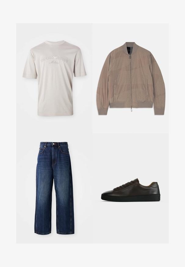 Svetlohnedá bomber bunda s plným predným zipsom, žebrovaným golierom, manžetami a lemom, bočnými vreckami a jemným opakujúcim sa vzorom textu "EMPORIO ARMANI".; Svetlo béžové tričko s krátkym rukávom vyrobené z jemnej látky, s výšivkou loga "Emporio Armani Milano" v mierne tmavšej farbe.; Tmavomodré široké džínsy z denimovej látky. Majú klasický pás so slučkami na opasok, predné vrecká a rovný strih.; Nízky profil tmavohnedých kožených tenisiek s čiernou gumovou podrážkou, šnurovanie vpredu a hladkým minimalistickým dizajnom na svetlom pozadí.