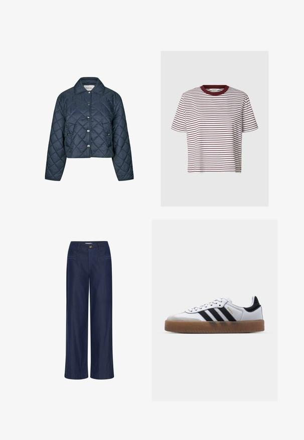Chaqueta acolchada azul marino con botones automáticos, dos bolsillos delanteros, mangas largas y cuello con solapa.; Camiseta blanca de manga corta con finas rayas horizontales de color rojo oscuro y cuello redondo sólido en rojo oscuro.; ICHI IHFlared - Vaqueros a campana - dark blue; Zapatillas de cuero blancas con rayas negras, suela de goma, puntera redonda, cierre de cordones y caperuza de ante gris suave.