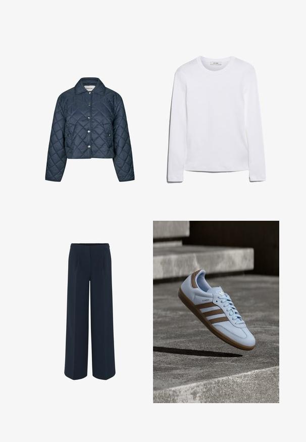 Marineblaue gesteppte Jacke mit Druckknöpfen, zwei Fronttaschen, langen Ärmeln und einem Kragen.; Langärmliges weißes T-Shirt aus geripptem Baumwollstoff, mit rundem Ausschnitt und geradem Saum. Einfaches Design ohne Muster oder Akzente.; Weite Hose in Dunkelblau, aus glattem Stoff, mit maßgeschneiderten Falten und hohem Taillendesign. Keine sichtbaren Taschen oder Verzierungen.; Hellblauer Sneaker mit braunen Wildlederakzenten, drei seitlichen Streifen, flachen Schnürsenkeln und einer strukturierten Gummisohle. Markenlogo auf der Zunge.