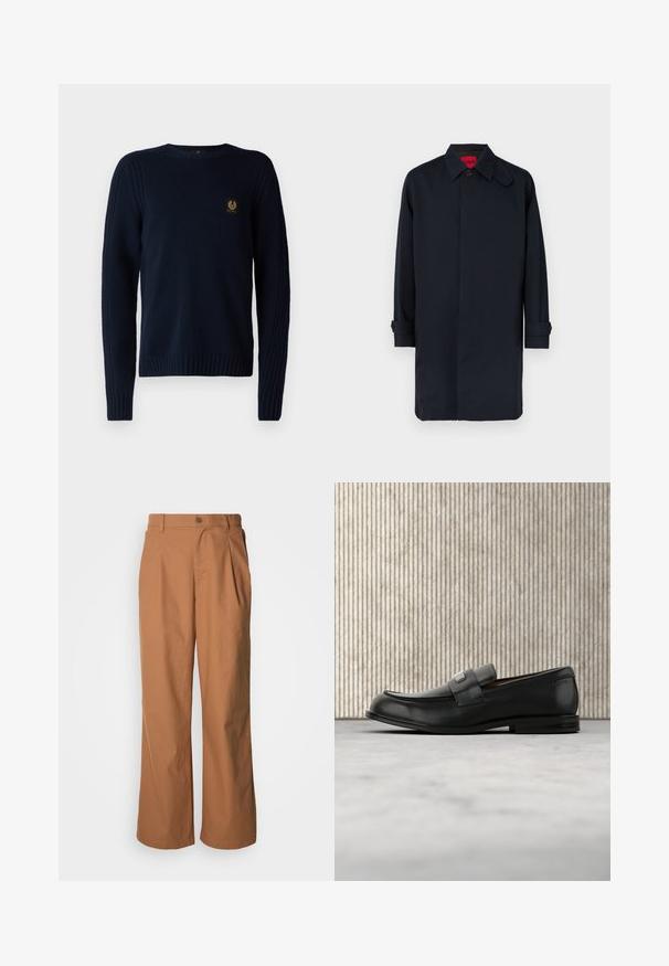 Abrigo azul marino de corte recto, cierre con botones y mangas remangadas. Fabricado con tela lisa y diseño de cuello clásico.; Belstaff WATCH CREWNECK JUMPER - Jersey de punto - dark ink; Pantalones de pierna ancha en un tejido marrón cálido, con cierre frontal de botones, pliegues sutiles y corte recto para un ajuste relajado.; Mocasín de cuero negro con una placa metálica de marca apoyado cerca de una mesa redonda marrón sobre un suelo alfombrado beige.